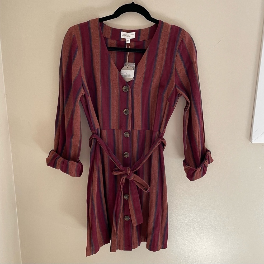 Apricot Rainbow Button Down Belted Longsleeve Midi Dress, Size S